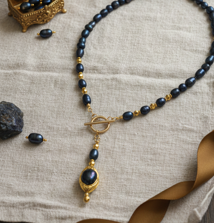 Mystic Baroque Collier - Perles Noires & Acier Inoxydable