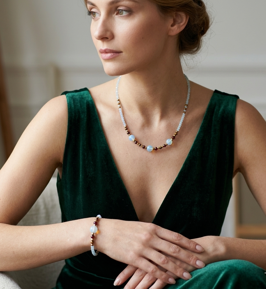 Ensemble Éclat Céleste - Opalite, Grenat & Laiton Plaqué Or