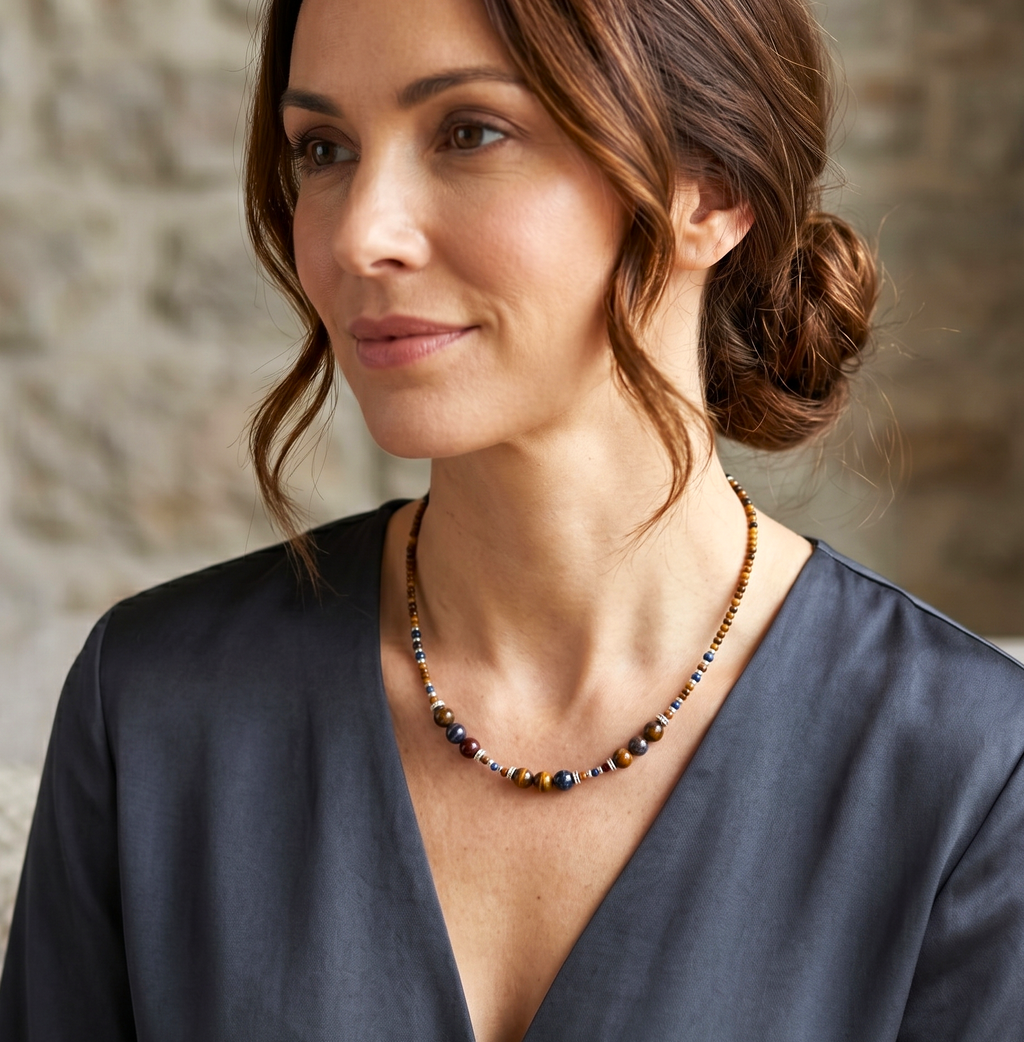"Tempête d'Or" - Collier en Pietersite Naturelle & Oeil de Tigre - Argent S925