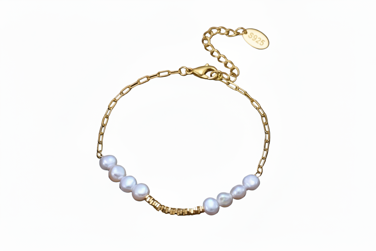 Bracelet Perles d'Eau Douce & Argent 925 Doré à l'Or 14K