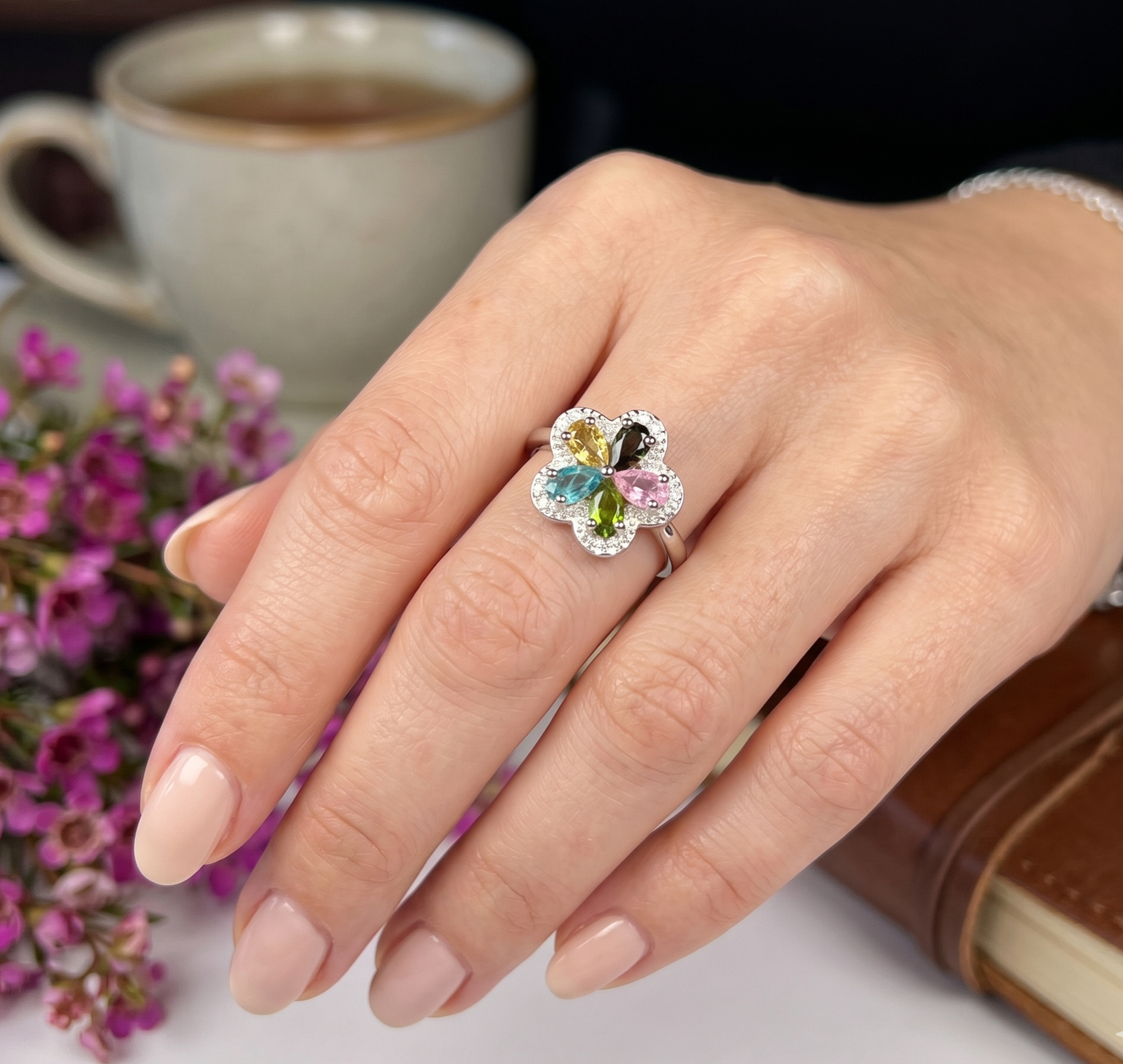 Bague Élégante Ajustable en Tourmaline Multicolore Naturelle et Argent Rhodié