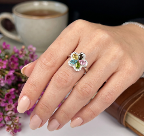 Bague Élégante Ajustable en Tourmaline Multicolore Naturelle et Argent Rhodié