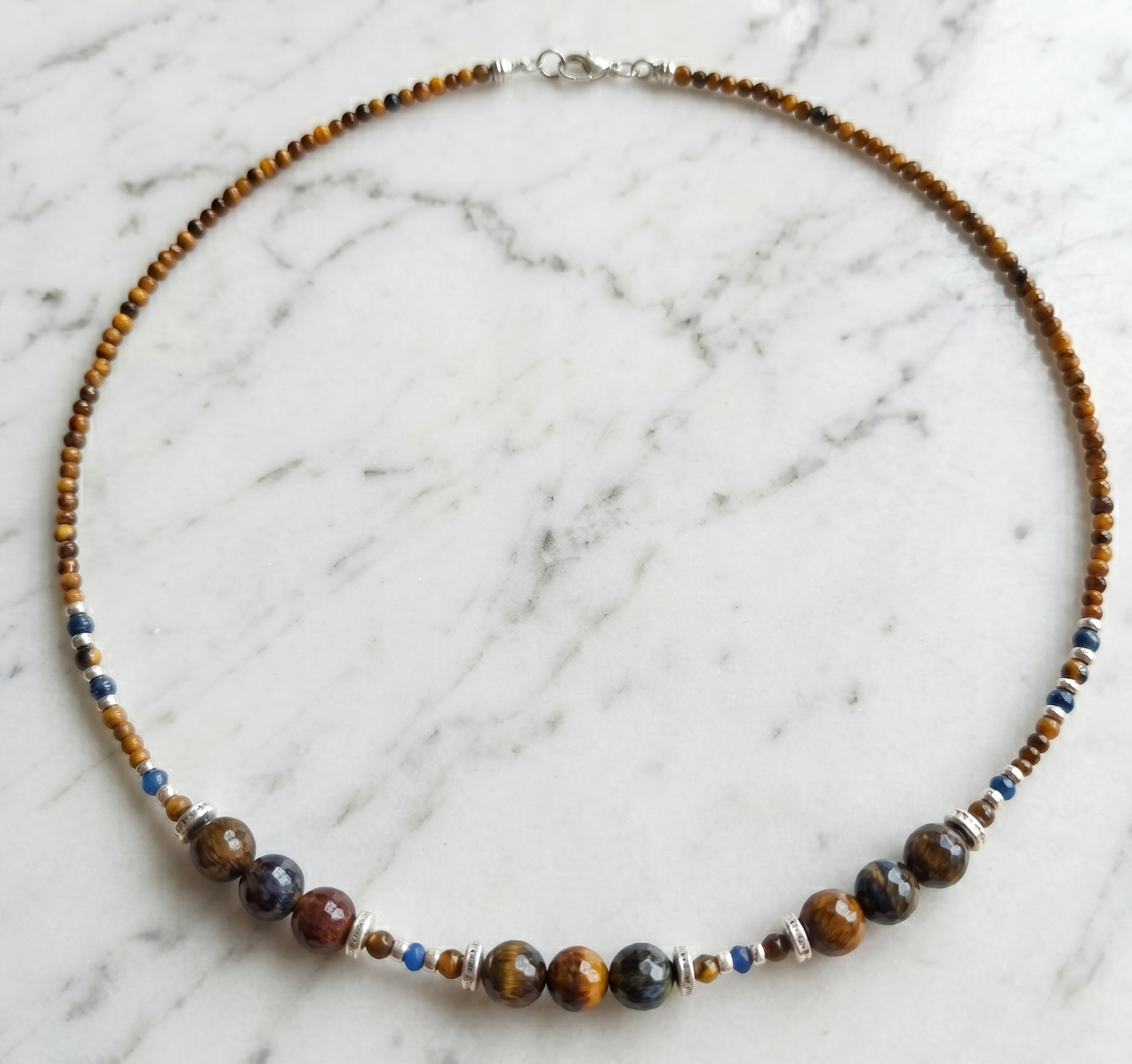 "Tempête d'Or" - Collier en Pietersite Naturelle & Oeil de Tigre - Argent S925