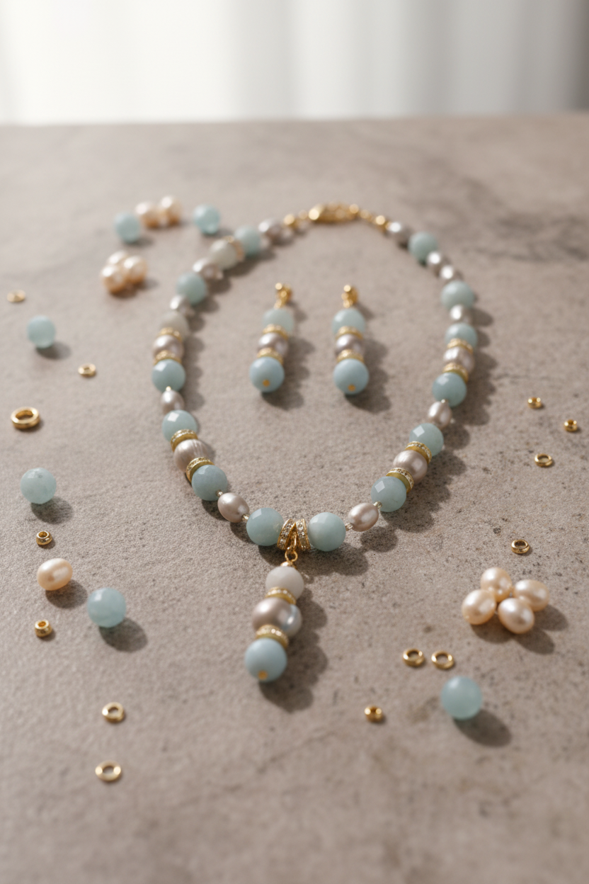 Pearl necklace and earrings set on a mannequin bust with a soft background