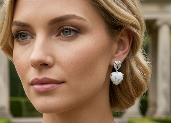 Boucles d'Oreilles "Cœur de Howlite" - Plaqué Argent 925