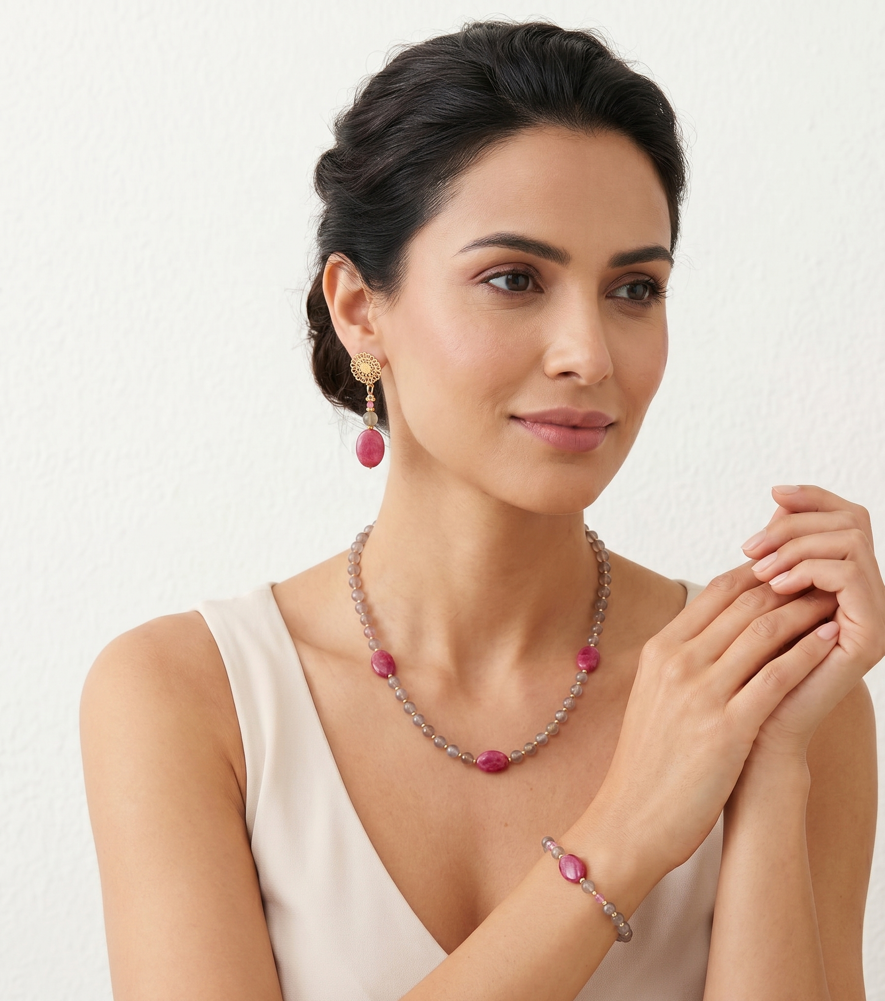 Parure Douceur d'Agate Grise, Jade Rose & Acier Inox Or