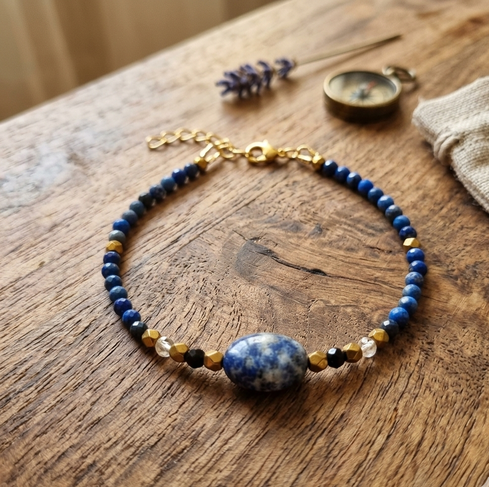 Bracelet « Deep Sea » : Lapis-Lazuli, Aigue-Marine & Finition Plaqué Or 14K