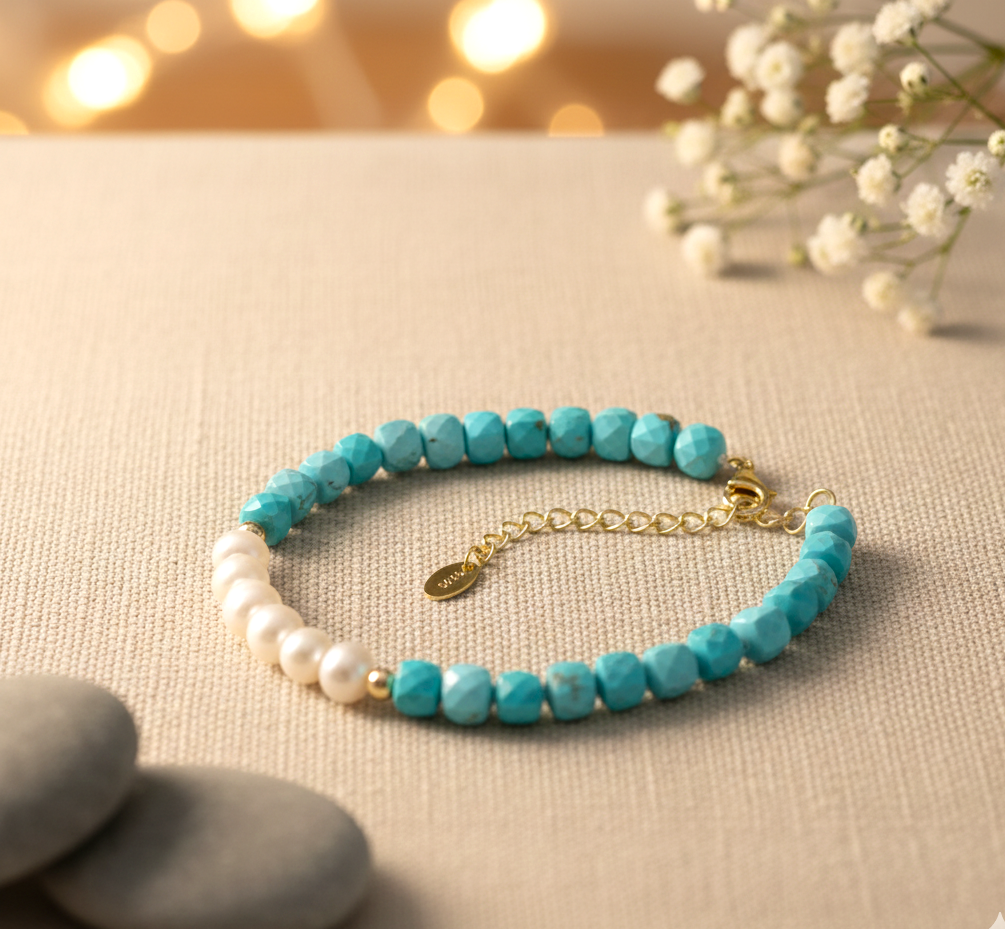 Bracelet with turquoise beads and a gold chain on a beige surface with blurred lights and flowers in the background.
