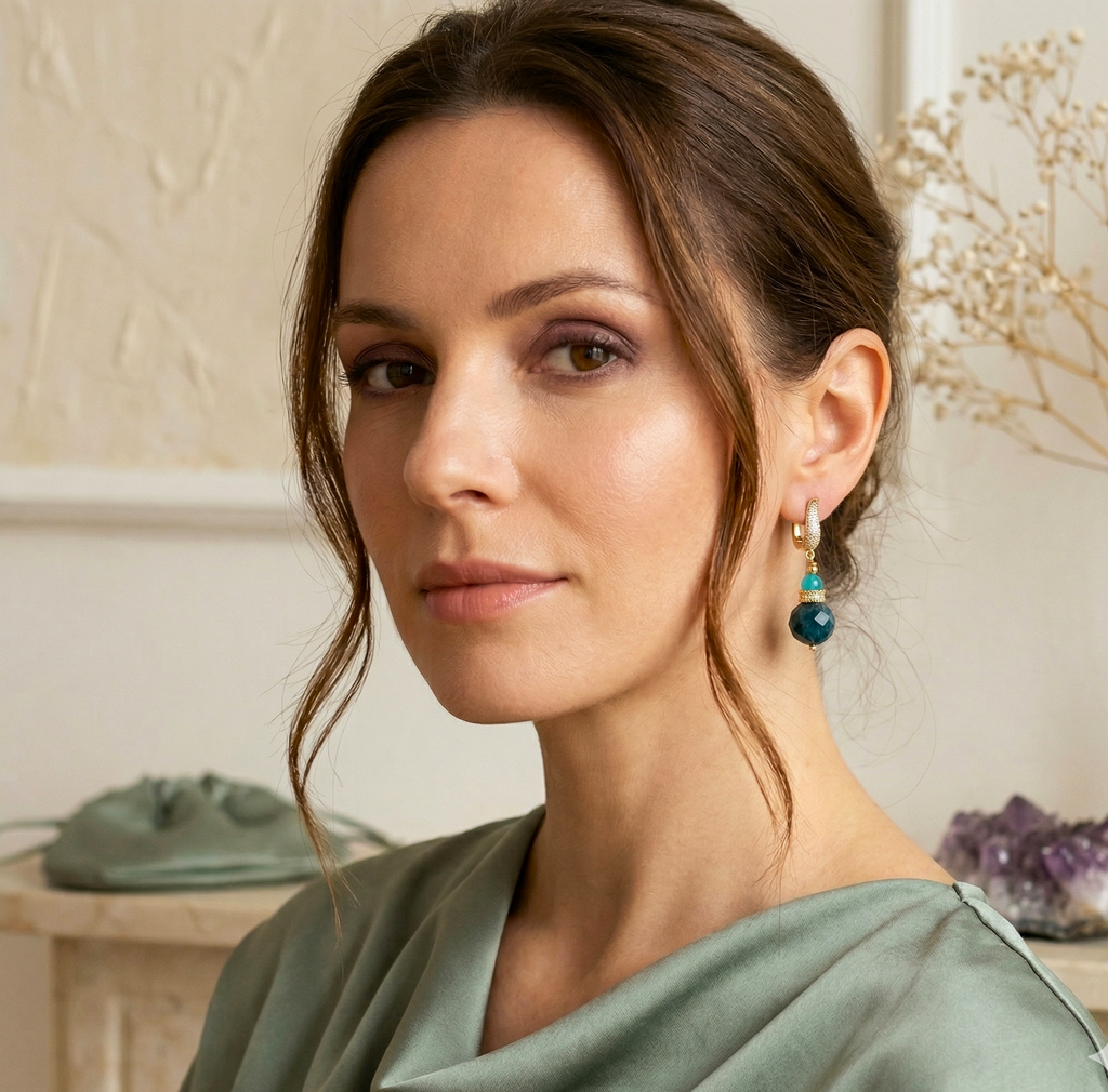 Boucles D'oreilles Apatite Bleue & Zirconium – Argent Plaqué Or 18k