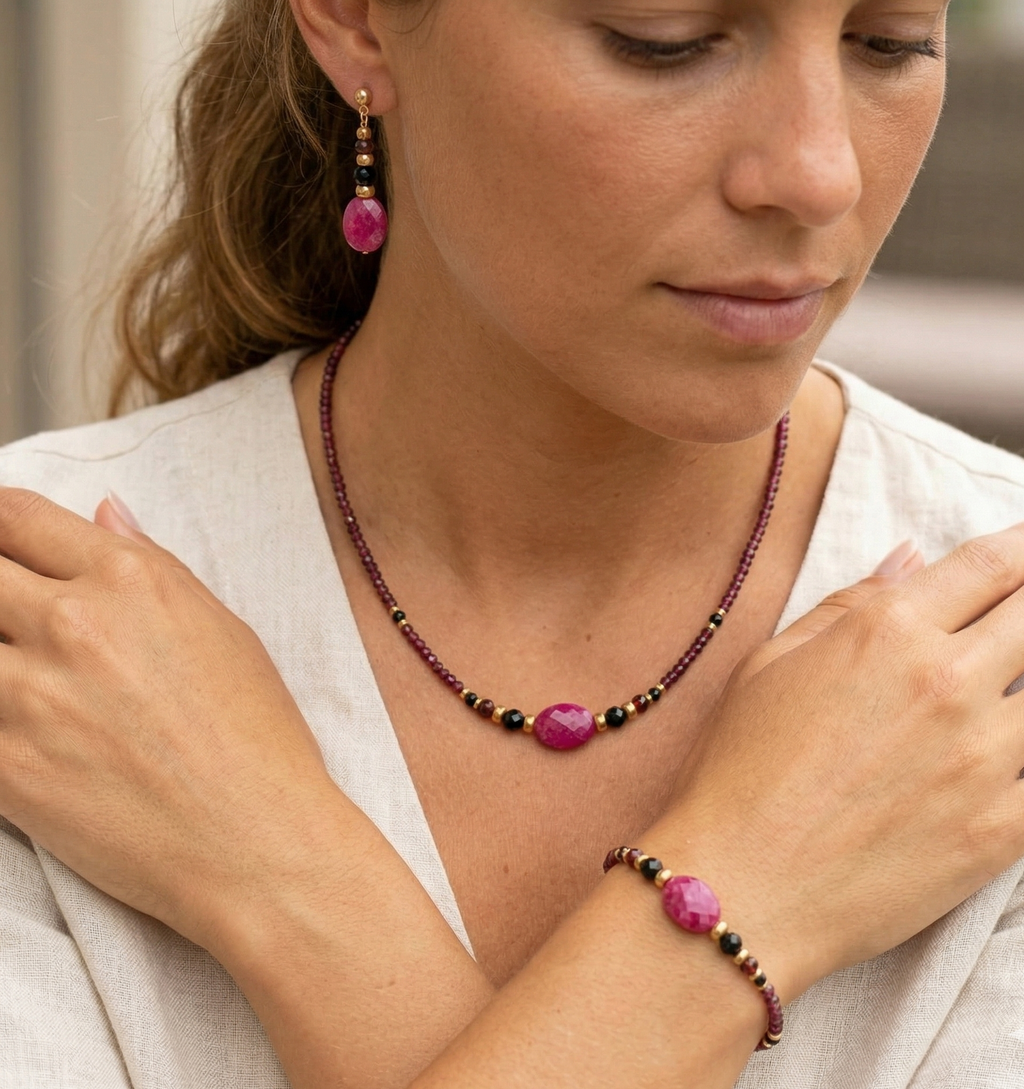 Ensemble - Jade Rose Foncé, Grenat & Spinelle Noir - Plaqué Or