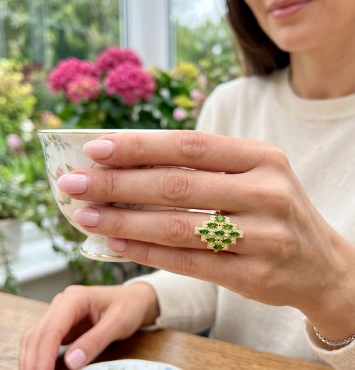 Bague ajustable en Diopside Chrome Naturel et Argent Rhodié