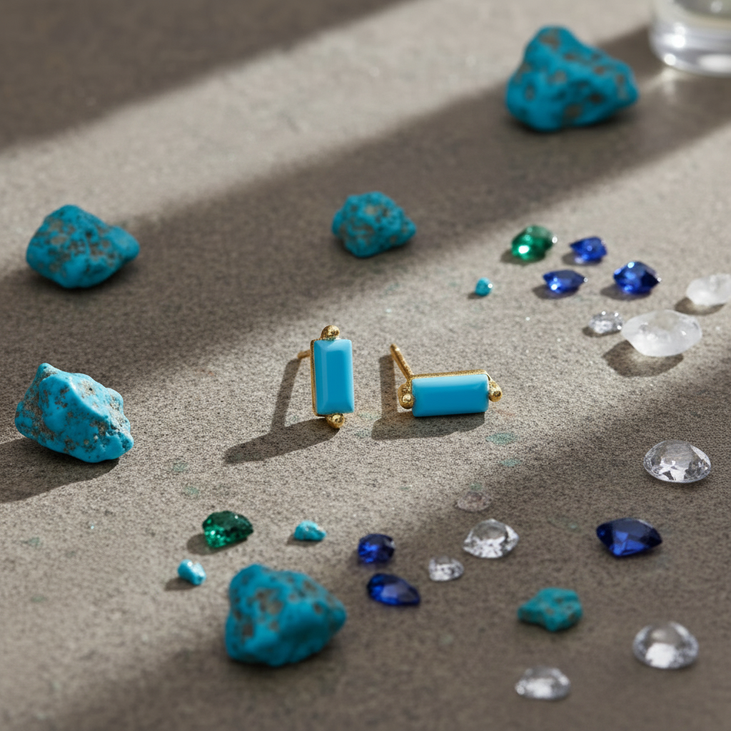 Turquoise earrings with gemstones on a textured surface