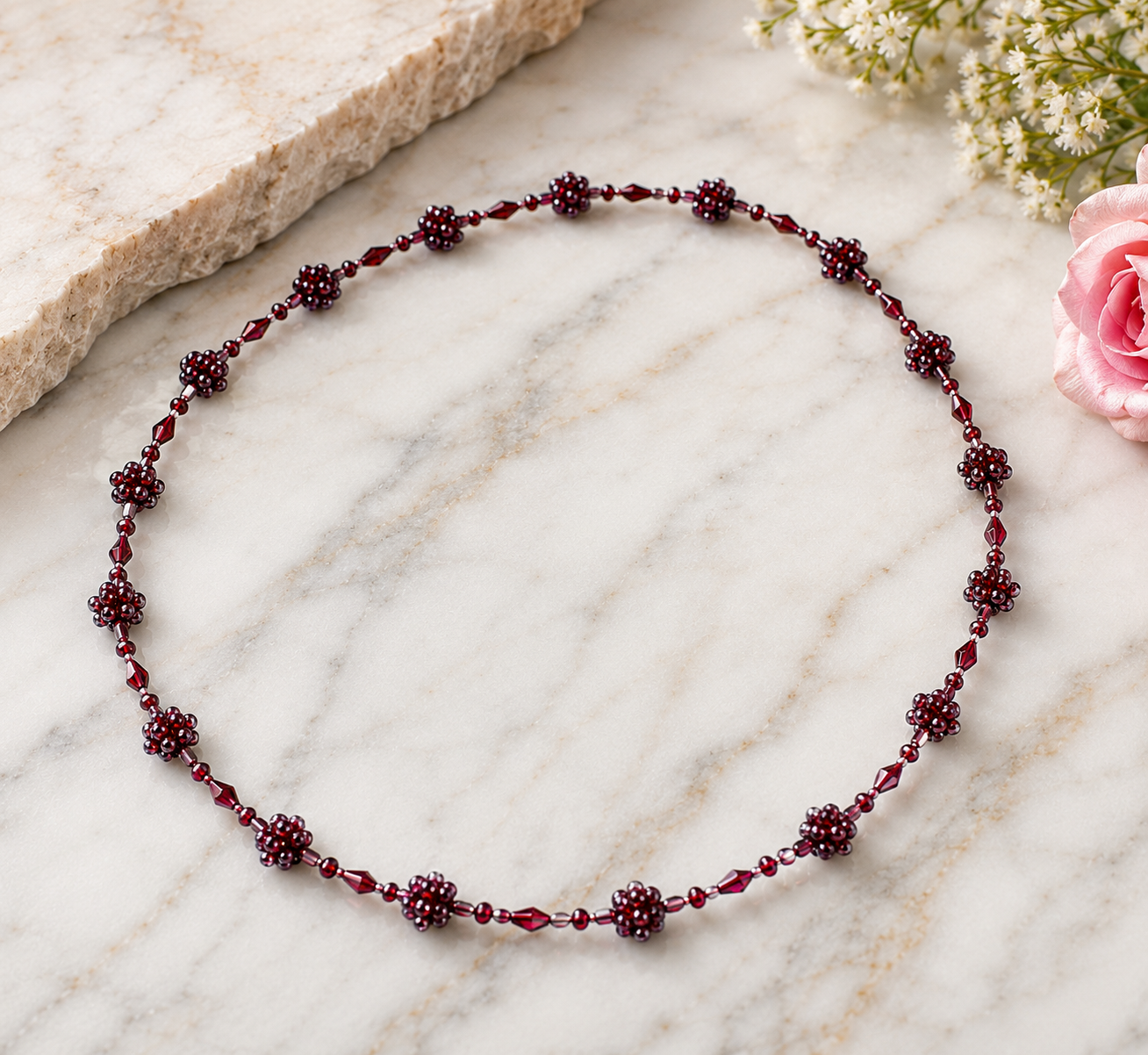 Collier Long en Grenat Rouge Naturel Facetté