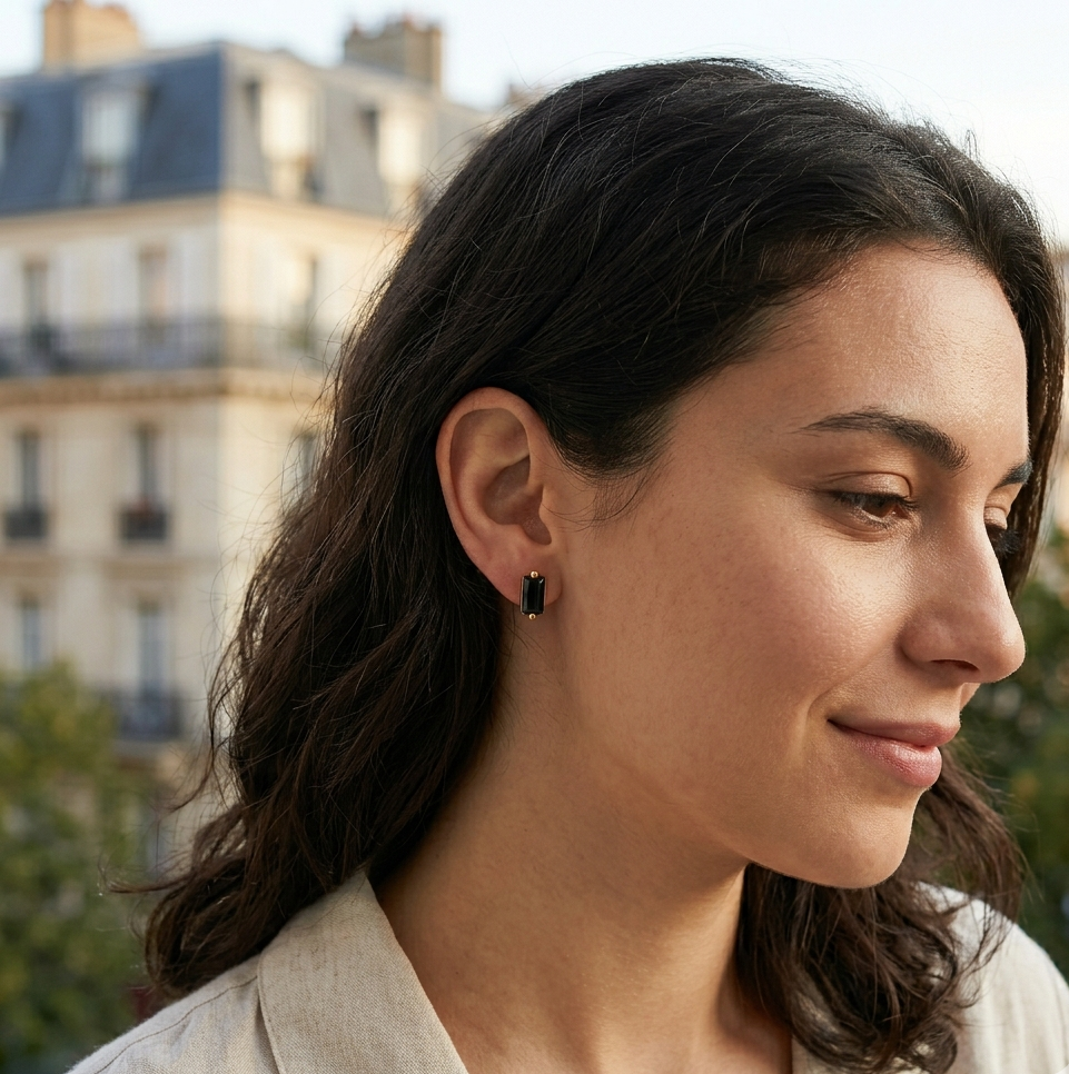 Boucles d'Oreilles Rectangles - Argent 925 Doré et Zircone Noire