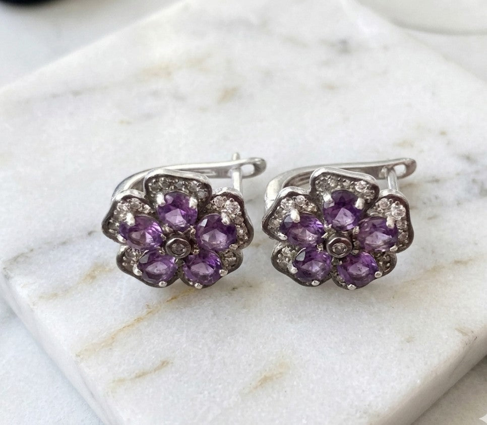 Boucles d'Oreilles Puces avec Améthyste Naturelle et Zirconium en Argent 925 Plaqué Rhodium