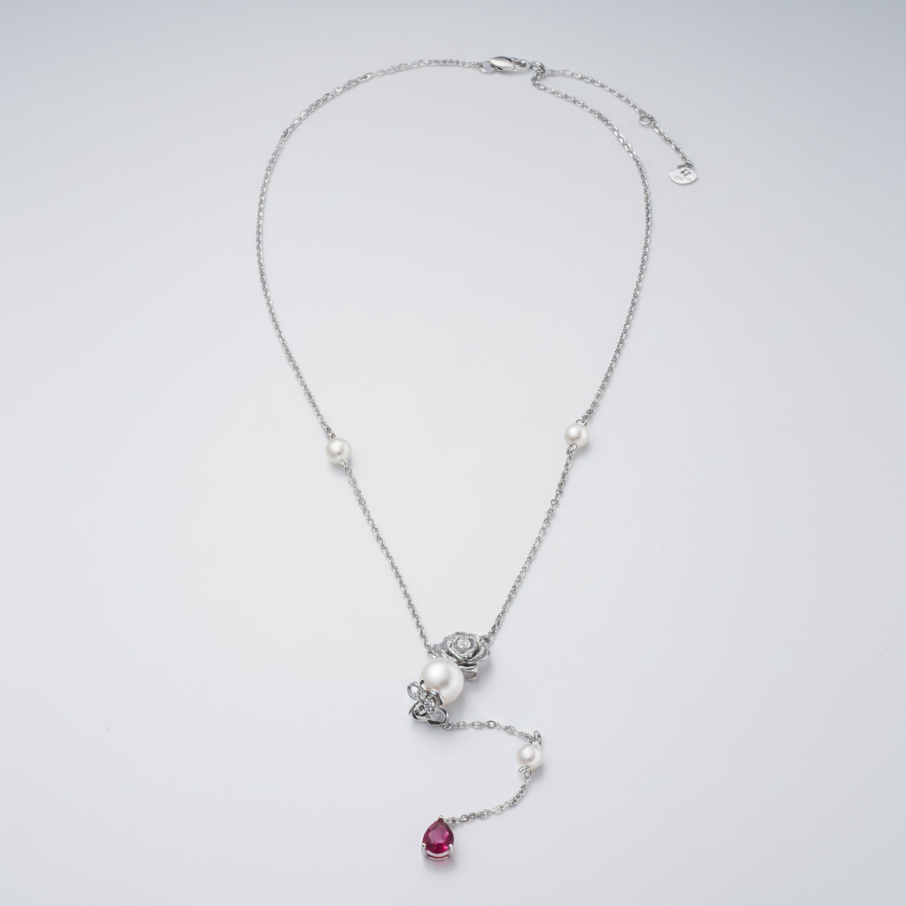 Collier Y en Argent Sterling 925, Nacre Blanche et Goutte de Zircone Rose