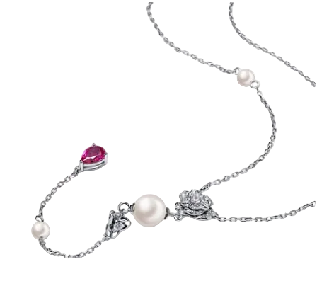 Collier Y en Argent Sterling 925, Nacre Blanche et Goutte de Zircone Rose