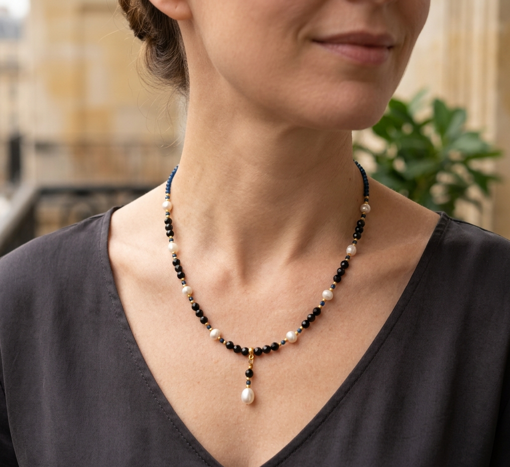 Collier "Équilibre Noir & Blanc" - Perles d'Eau Douce, Spinelle & Laiton Doré