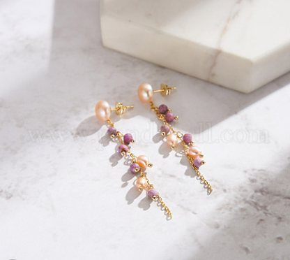 Boucles d'Oreilles - Lépidolite, Perles d'Eau Douce & Or 14k