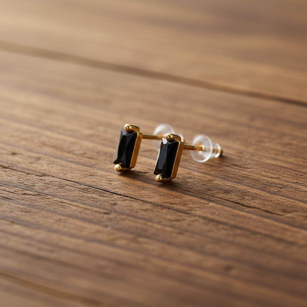 Boucles d'Oreilles Rectangles - Argent 925 Doré et Zircone Noire