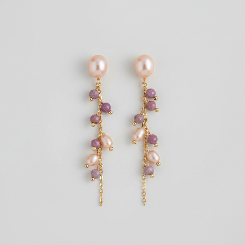 Boucles d'Oreilles - Lépidolite, Perles d'Eau Douce & Or 14k