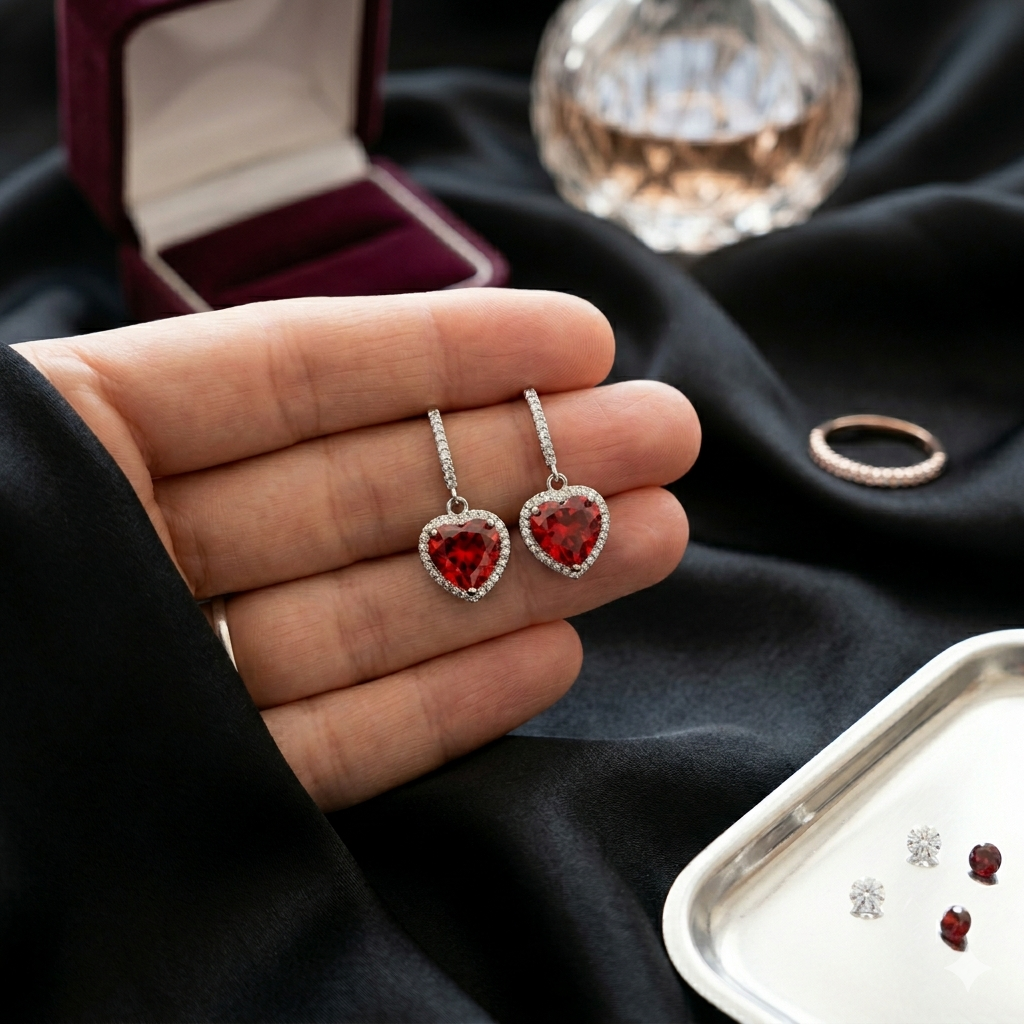 Parure Passion – Cœurs de Zircone Rouge & Argent Sterling 925 Doré