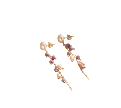 Boucles d'Oreilles - Lépidolite, Perles d'Eau Douce & Or 14k