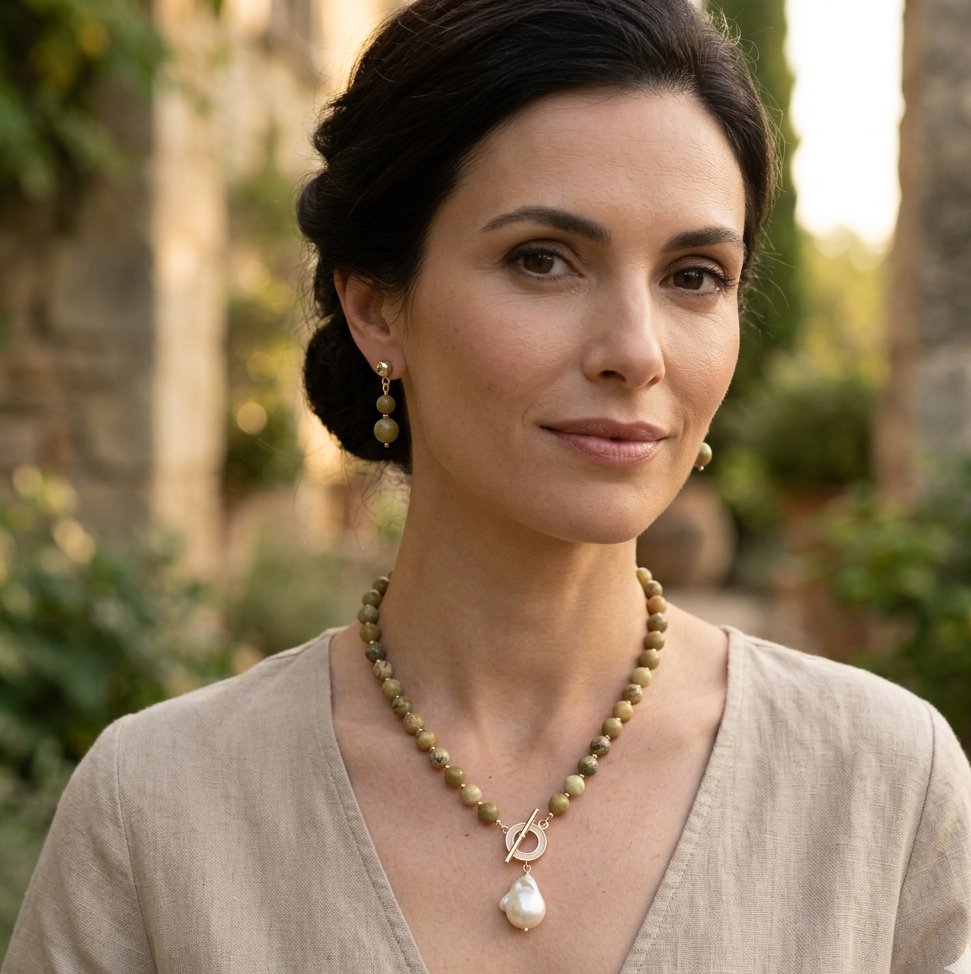 Parure Collier et Boucles d’oreilles - Opale Vertes d'Afrique & Perle Baroque - plaqué Or 18K