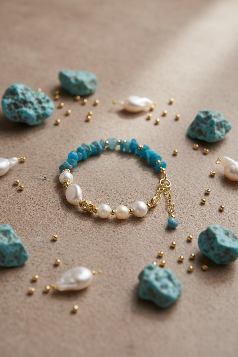 Bracelet with turquoise stones, pearls, and gold accents on a beige surface with scattered stones and pearls.