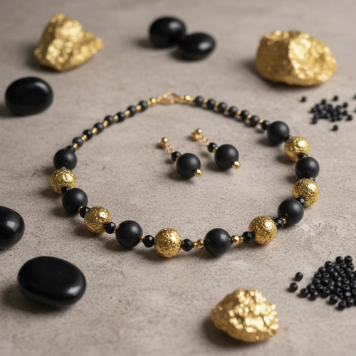 Black and gold beaded necklace and earrings on a mannequin bust.
