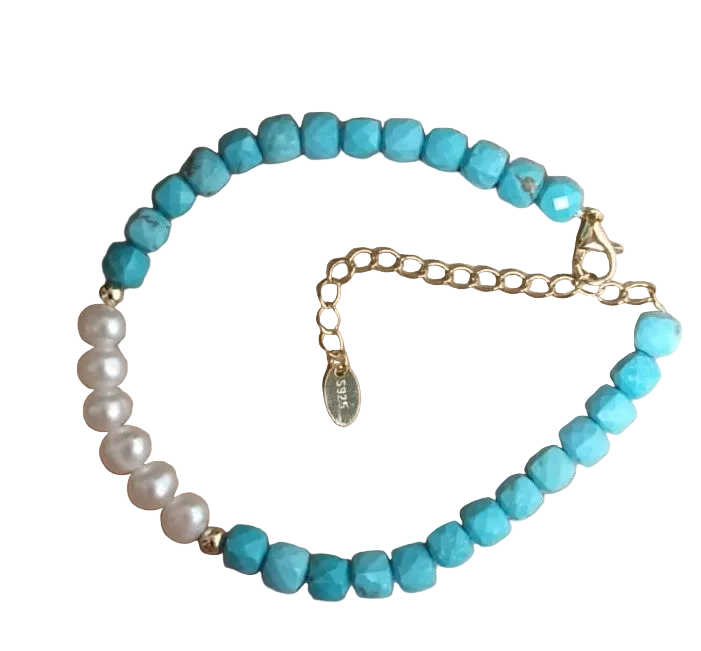 Turquoise & Pearl Elegance - Perle Naturelle & Argent S925 Plaqué Or