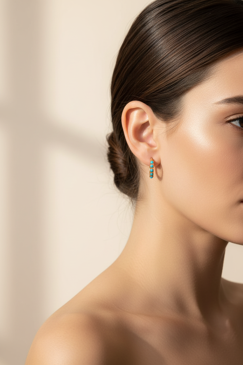 Close-up of a woman wearing colorful earrings against a neutral background