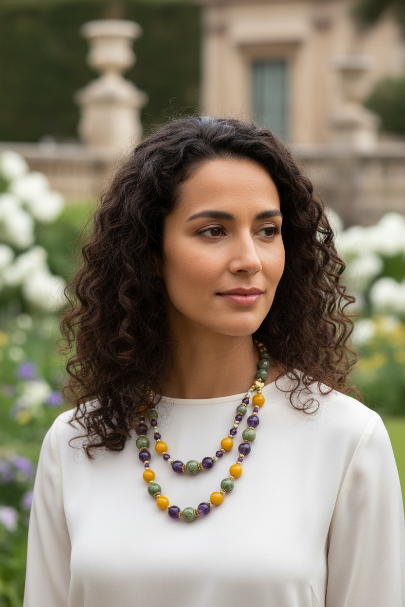 Solar Sparkle Collier - Agate Bumblebee, Serpentine & Plaqué Or 24K