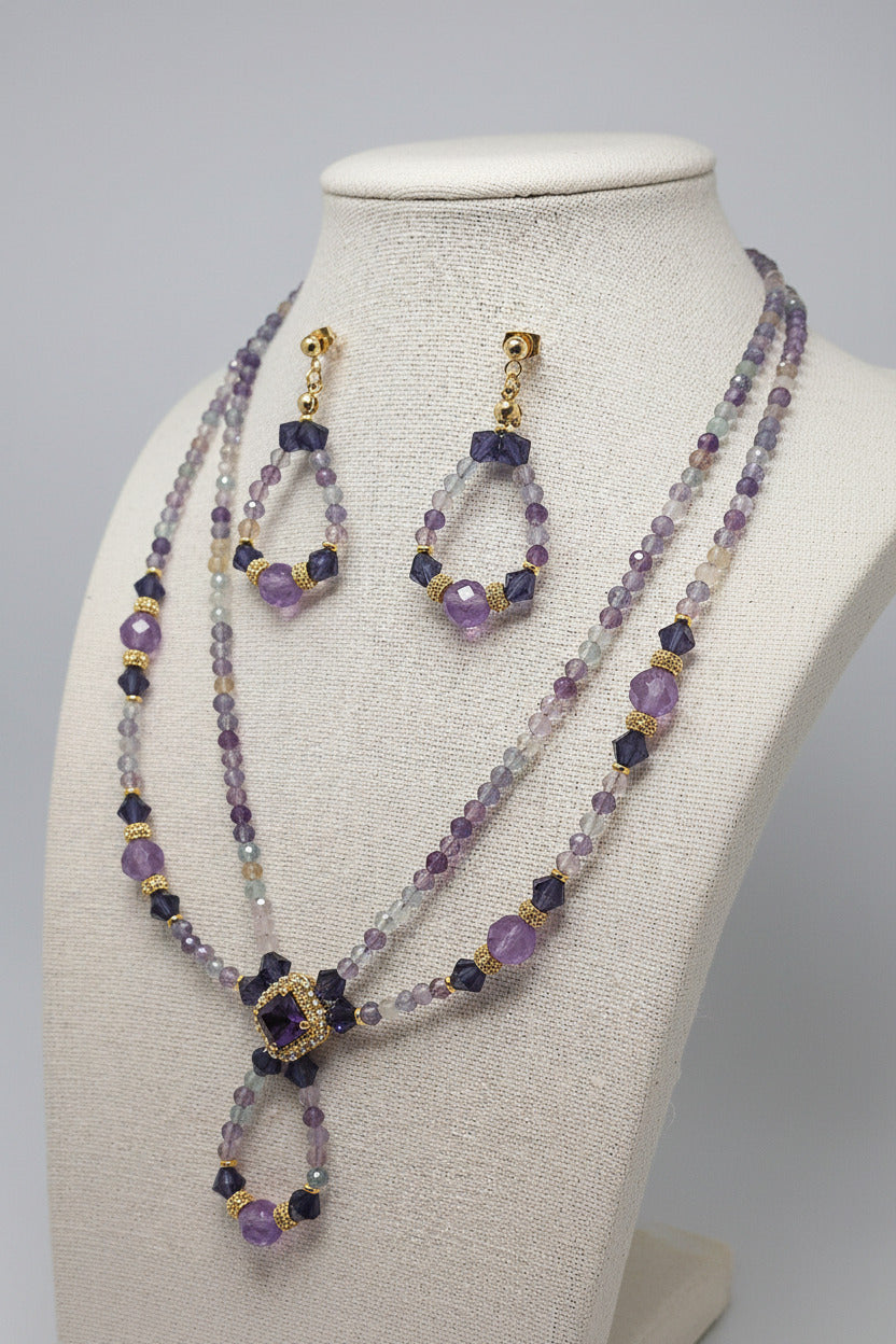 Amethyst & Fluorite Sparkle Set - Zircons Cubiques, Laiton & Acier Inoxydable Plaque d'or