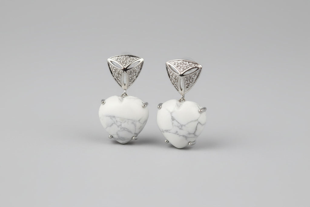 Boucles d'Oreilles "Cœur de Howlite" - Plaqué Argent 925
