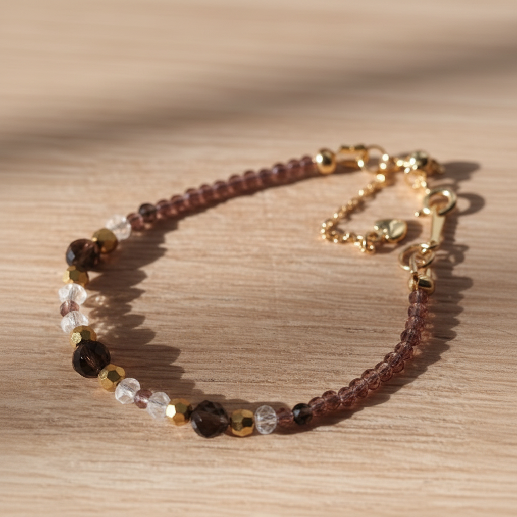 Necklace with multicolored beads on a wooden surface