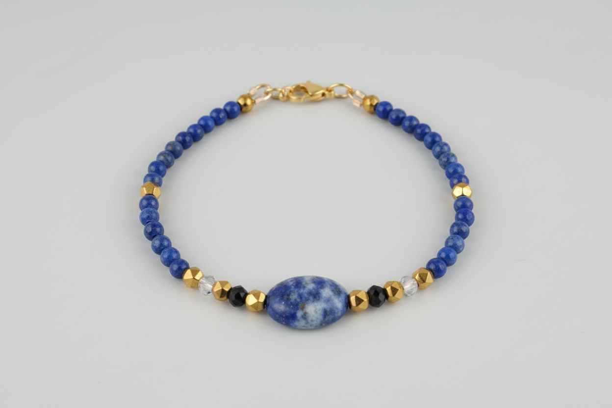 Bracelet with blue beads and gold accents on a gray background