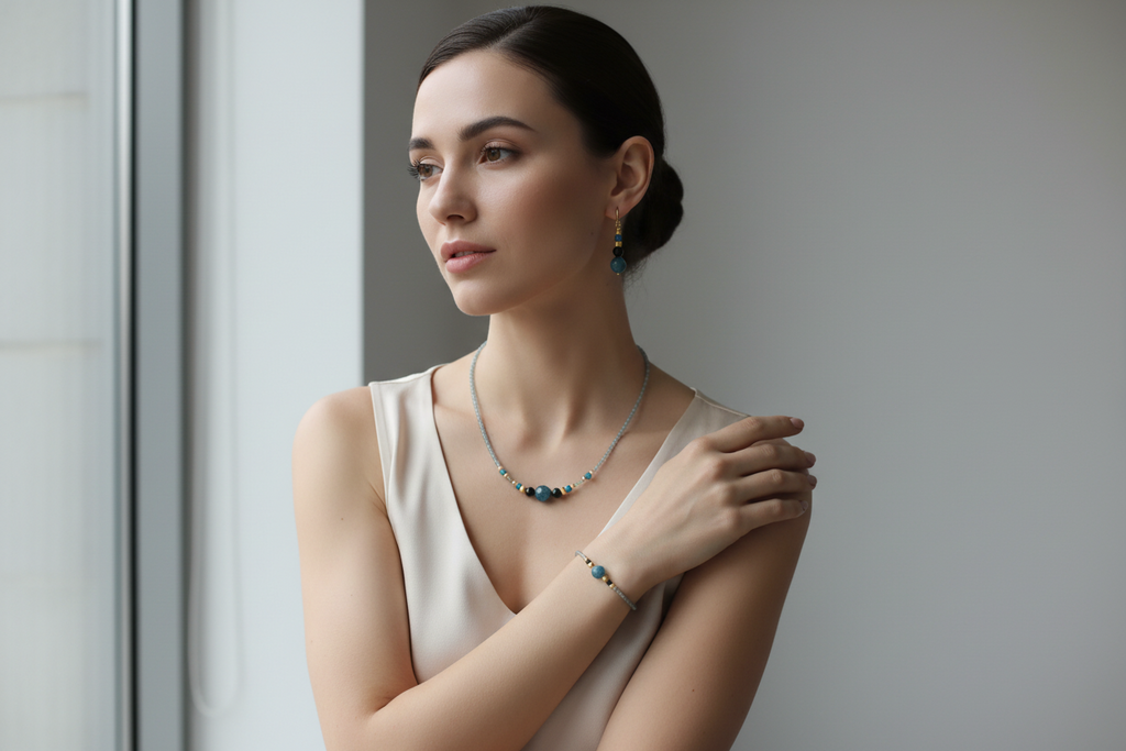 Jewelry set with necklace and earrings on a brown surface