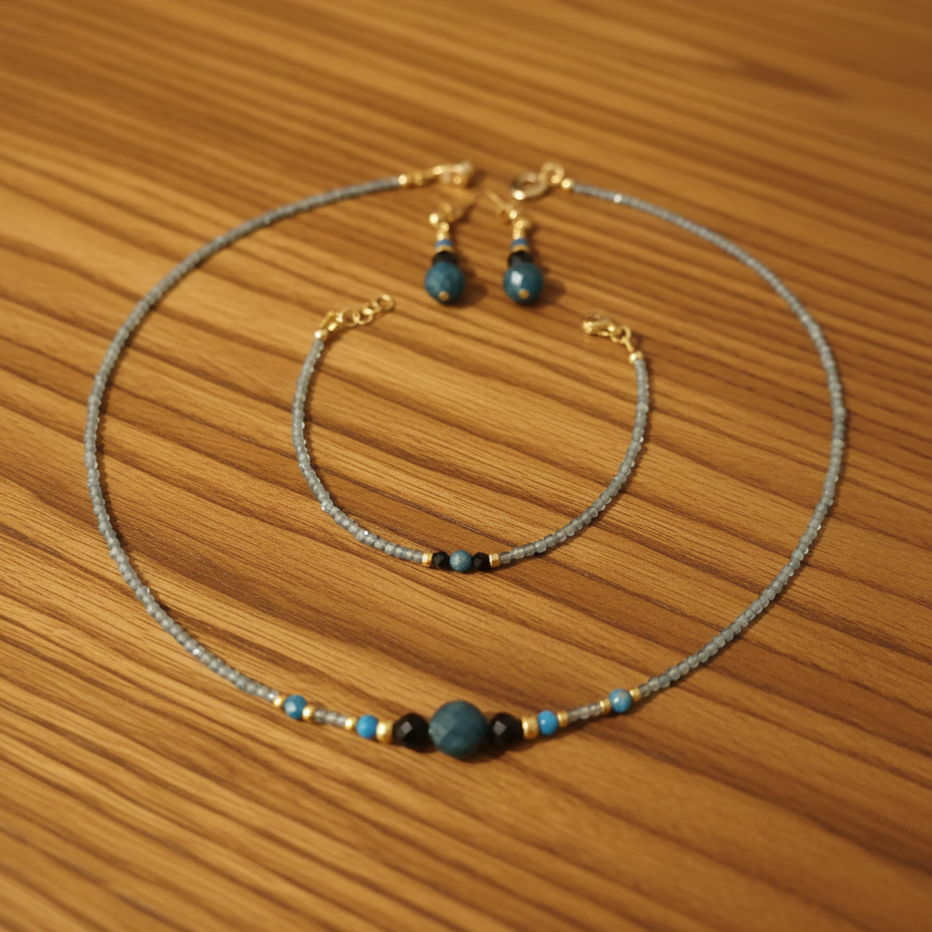 Jewelry set with necklace and earrings on a brown surface