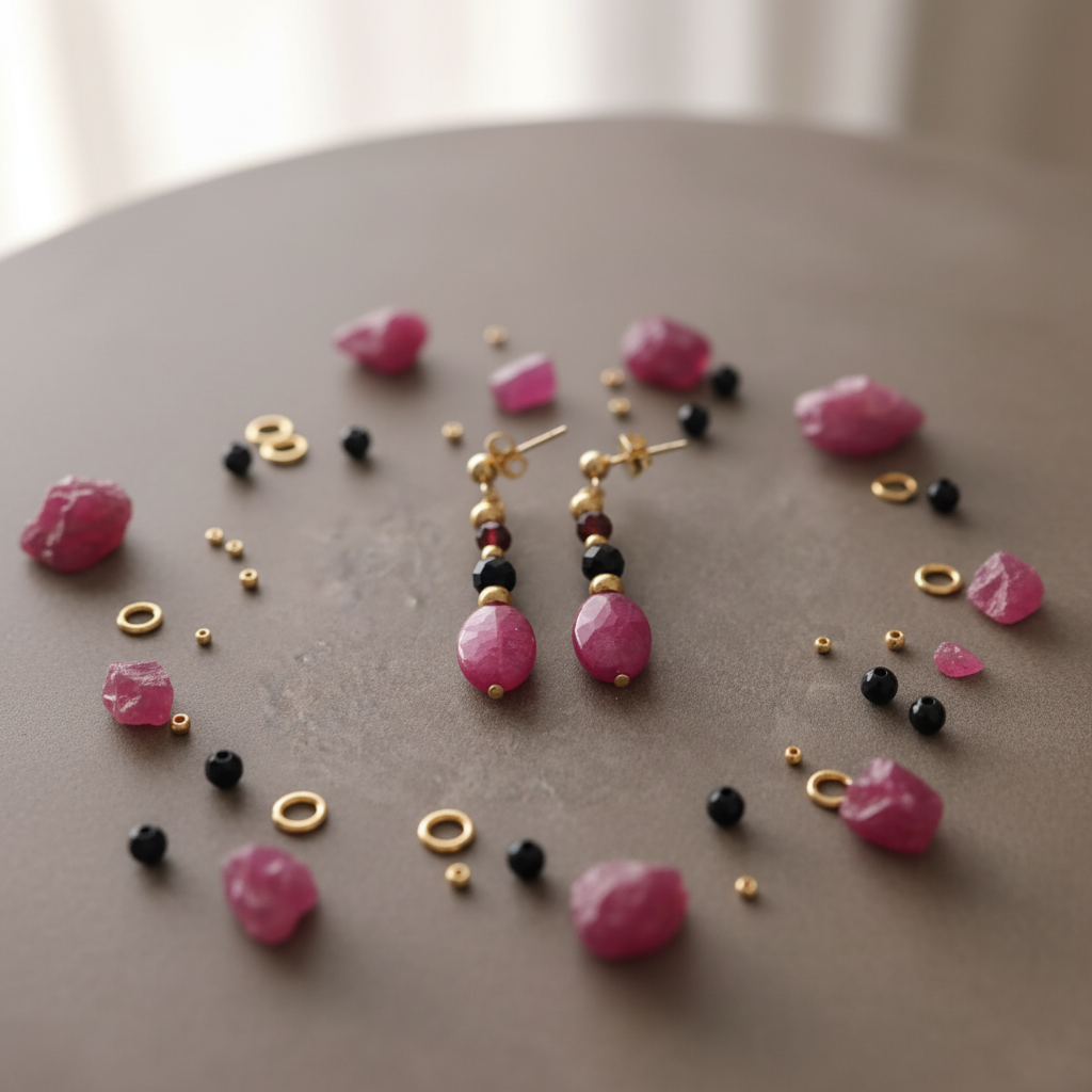 Pair of earrings with pink beads and gold accents on a gray background