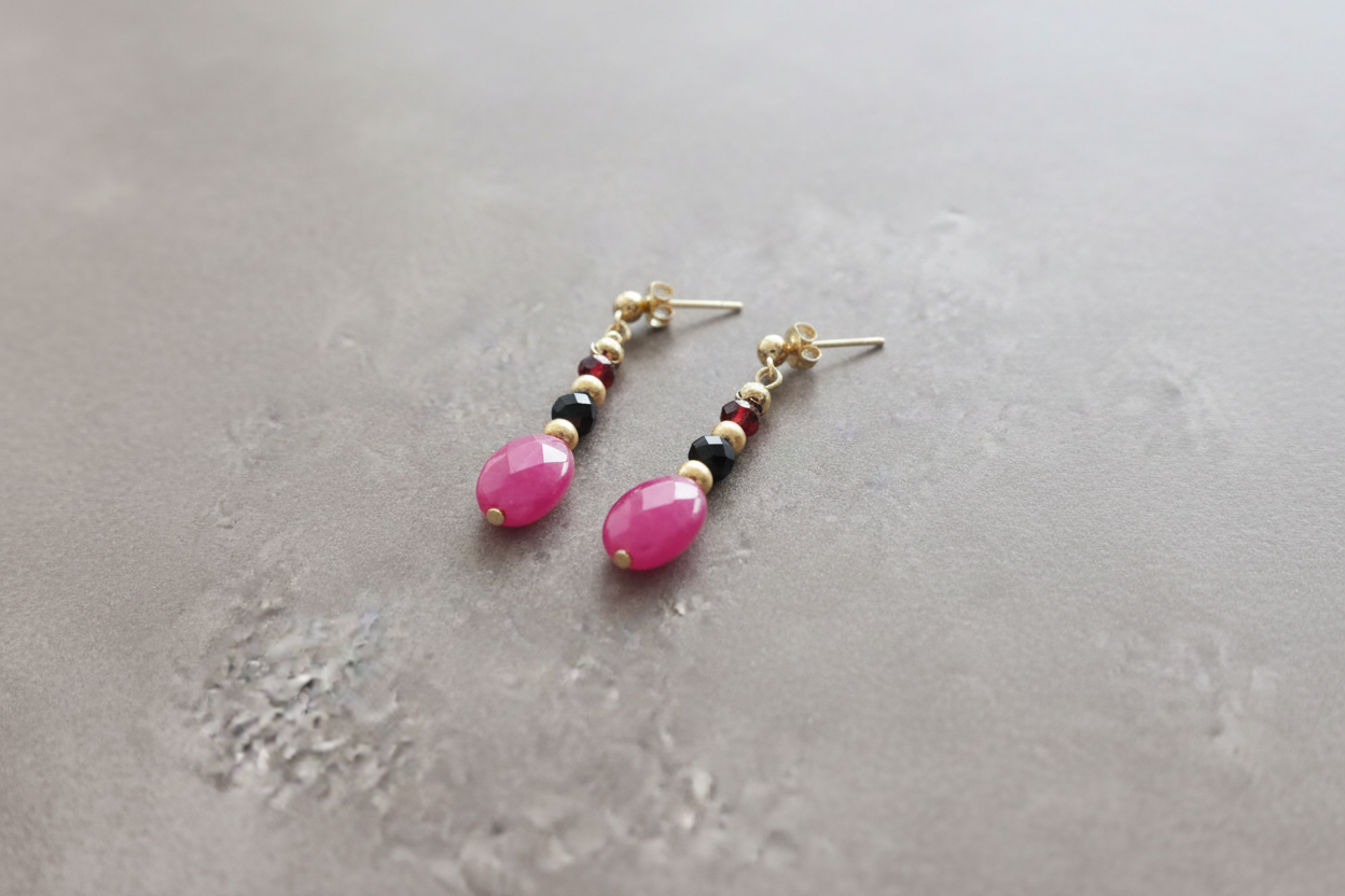 Ensemble - Jade Rose Foncé, Grenat & Spinelle Noir - Plaqué Or