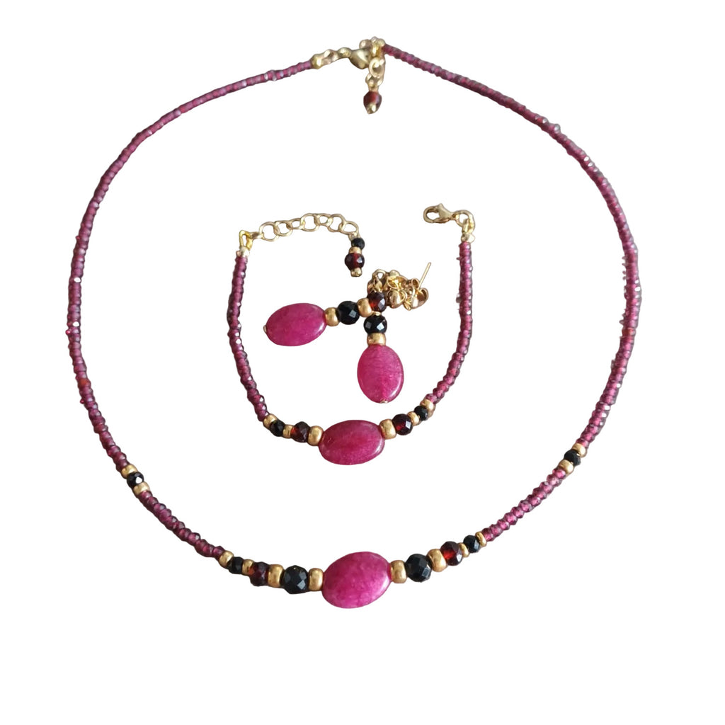 Ensemble - Jade Rose Foncé, Grenat & Spinelle Noir - Plaqué Or