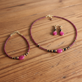 Ensemble - Jade Rose Foncé, Grenat & Spinelle Noir - Plaqué Or