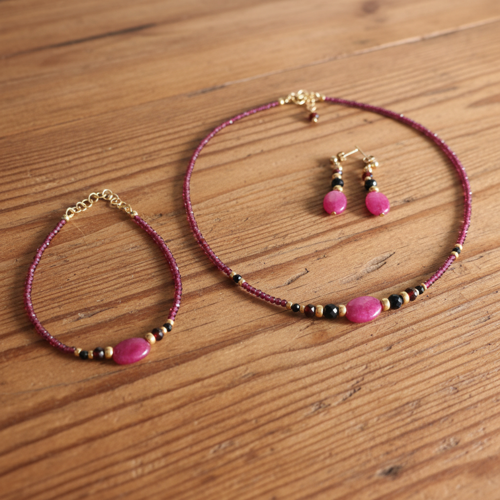 Ensemble - Jade Rose Foncé, Grenat & Spinelle Noir - Plaqué Or