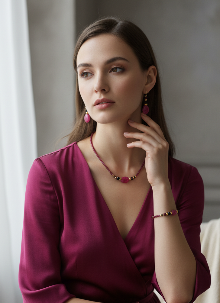 Ensemble - Jade Rose Foncé, Grenat & Spinelle Noir - Plaqué Or