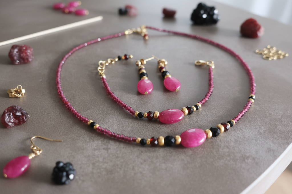 Ensemble - Jade Rose Foncé, Grenat & Spinelle Noir - Plaqué Or
