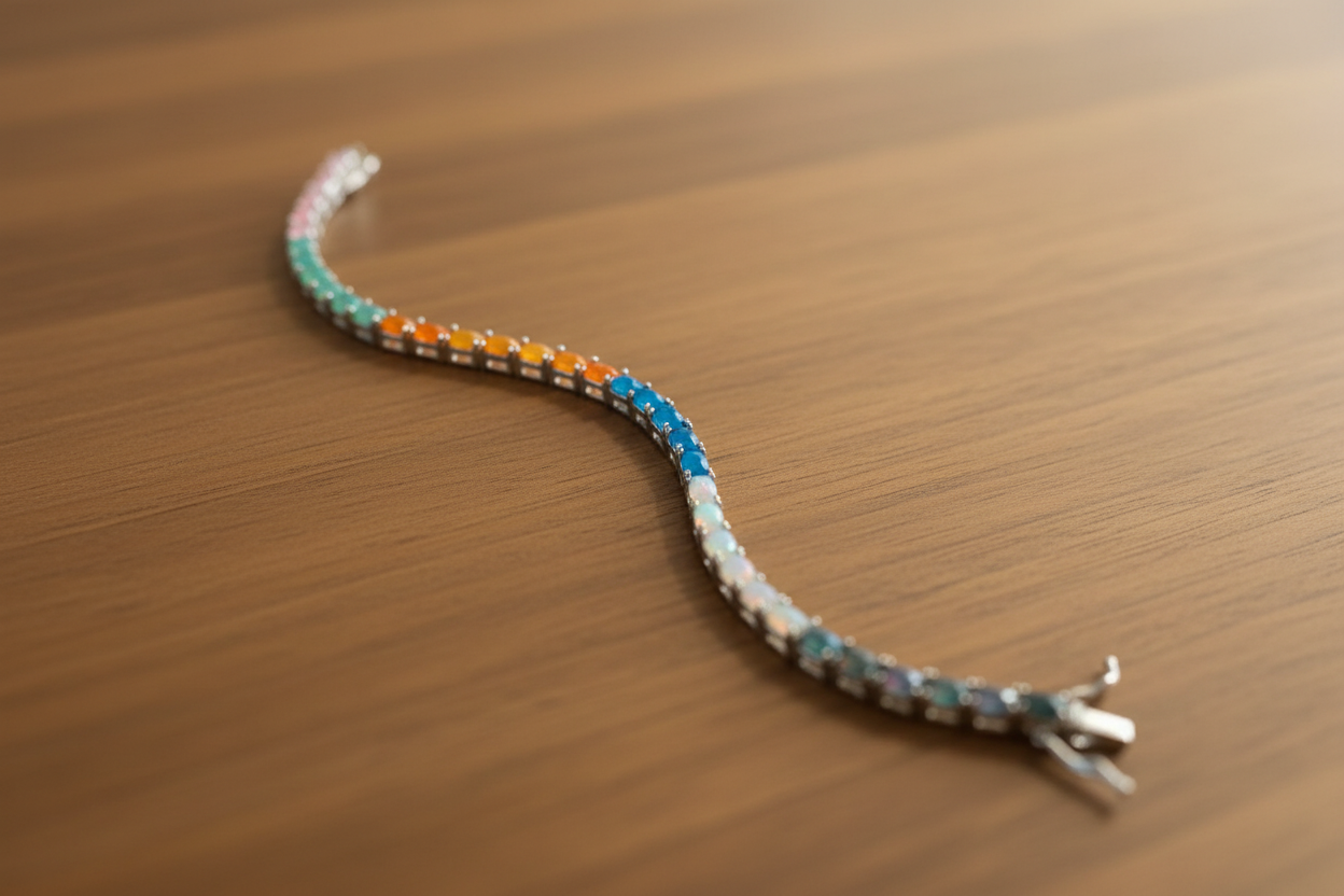 Colorful beaded bracelet on a wooden surface