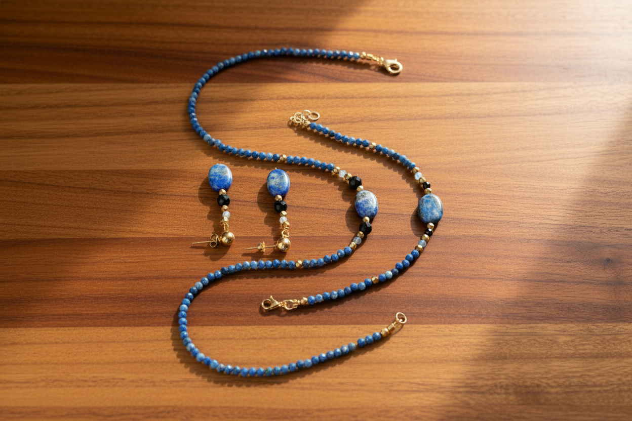 Blue beaded necklace and earrings on a wooden surface