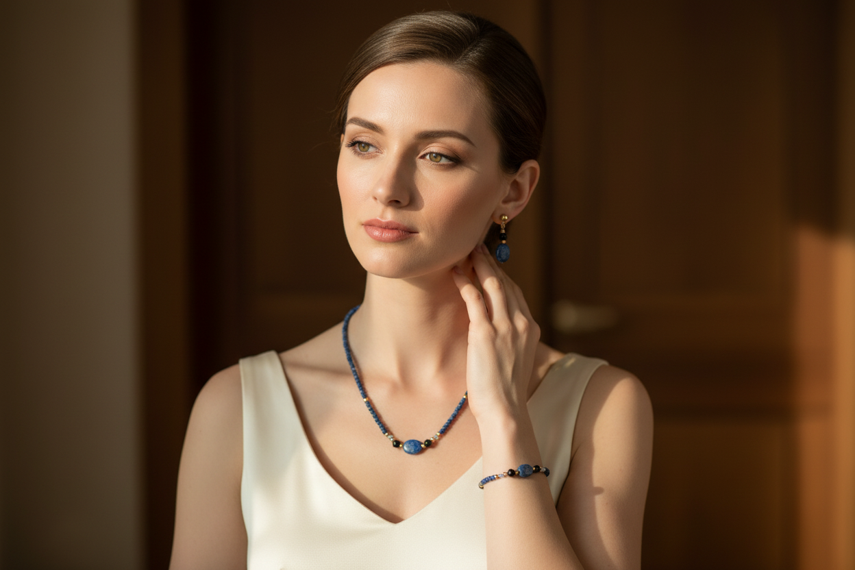 Woman wearing a necklace and bracelet, with a warm and soft background