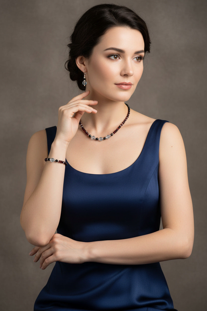 Ensemble - Topaze Bleu Clair, Grenat & Spinelle Noir - Argent 925